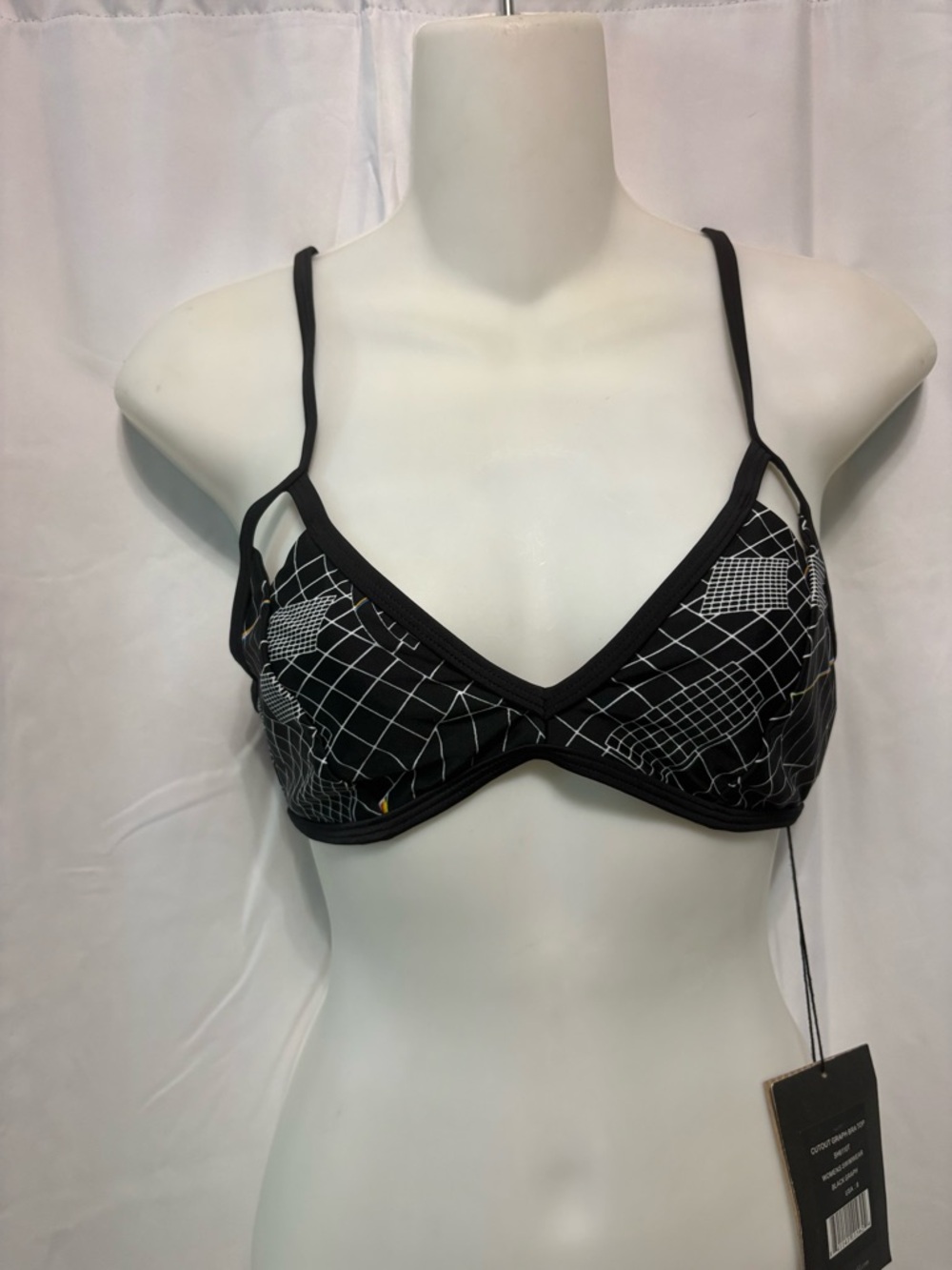 Insight Black Bikini Top with White Geometric Grid Print